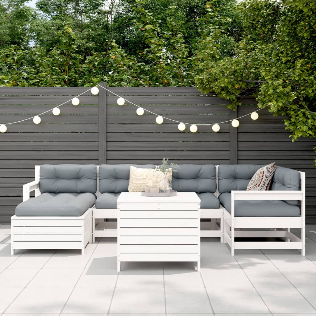 Set Divani da Giardino 7 pz Bianco in Legno Massello di Pino