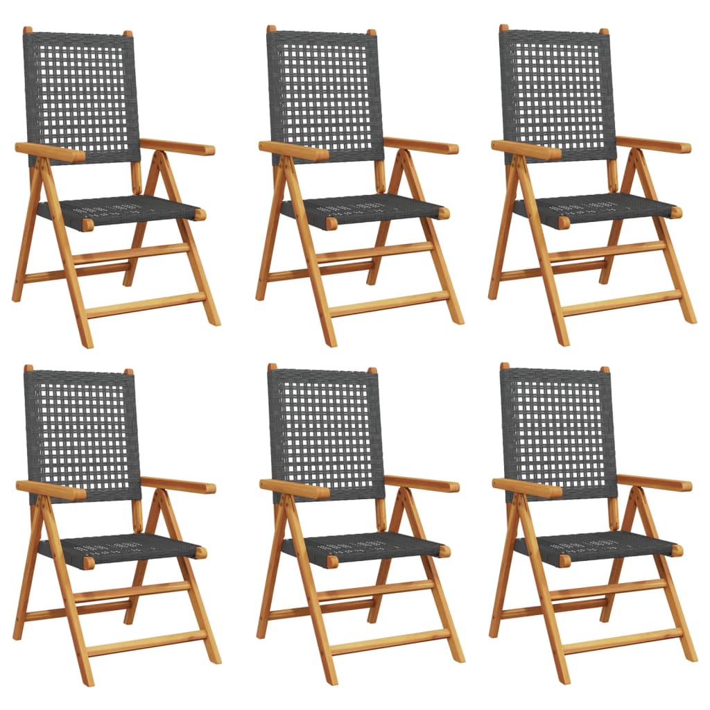 Sedie Giardino Reclinabili 6pz Nere Polyrattan e Legno Massello