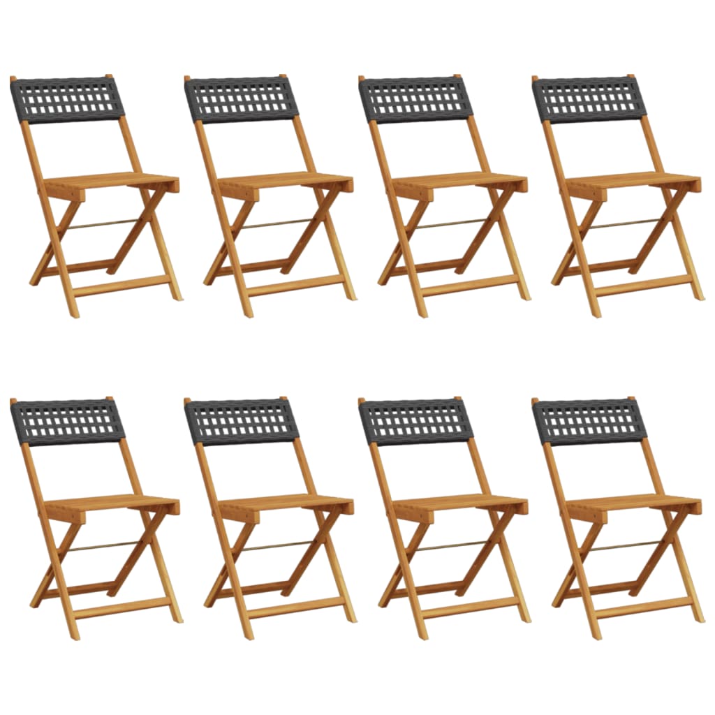 Sedie Giardino Pieghevoli 8pz Nere Polyrattan e Legno Massello