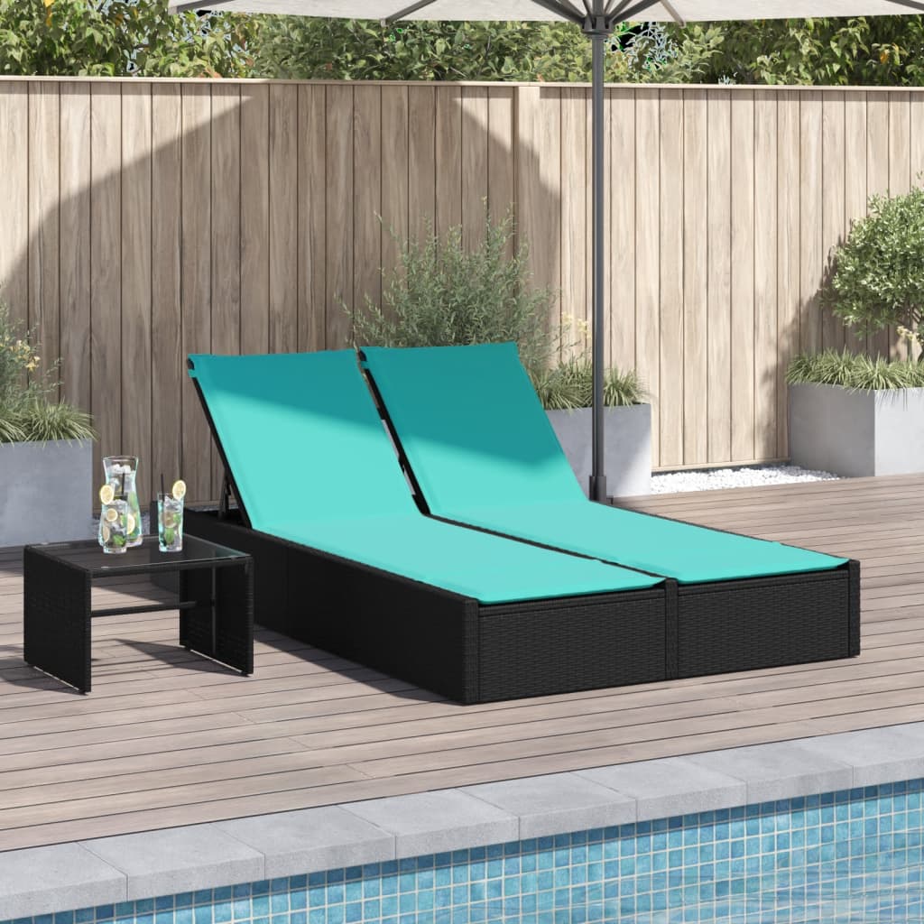 Lettino Prendisole Doppio con Cuscini Nero in Polyrattan