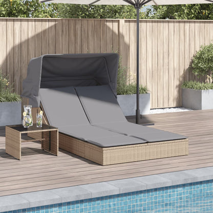 Lettino Doppio con Baldacchino e Cuscini Beige in Polyrattan