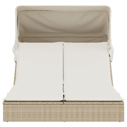 Lettino Doppio con Baldacchino e Cuscini Beige in Polyrattan