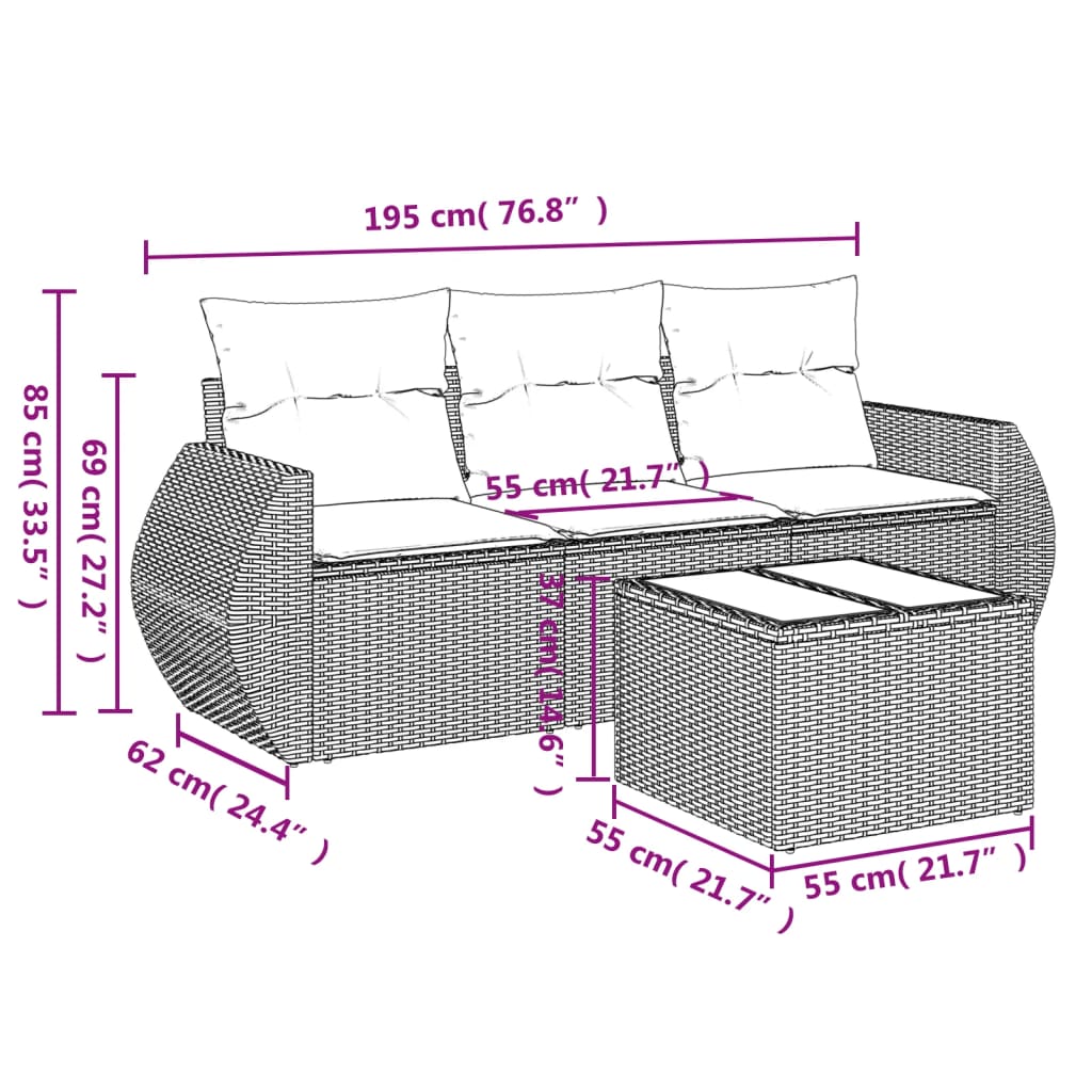 Set Divano da Giardino 4pz con Cuscini Grigio Chiaro Polyrattan