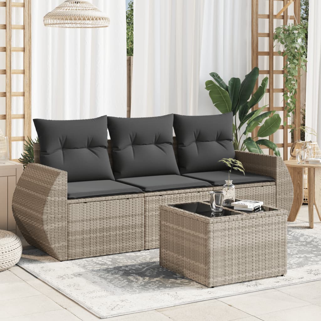 Set Divano da Giardino 4pz con Cuscini Grigio Chiaro Polyrattan