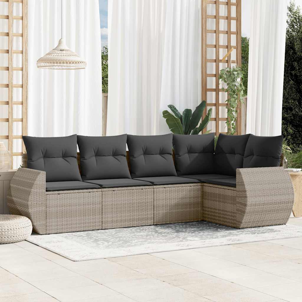 Set Divano da Giardino 5pz con Cuscini Grigio Chiaro Polyrattan
