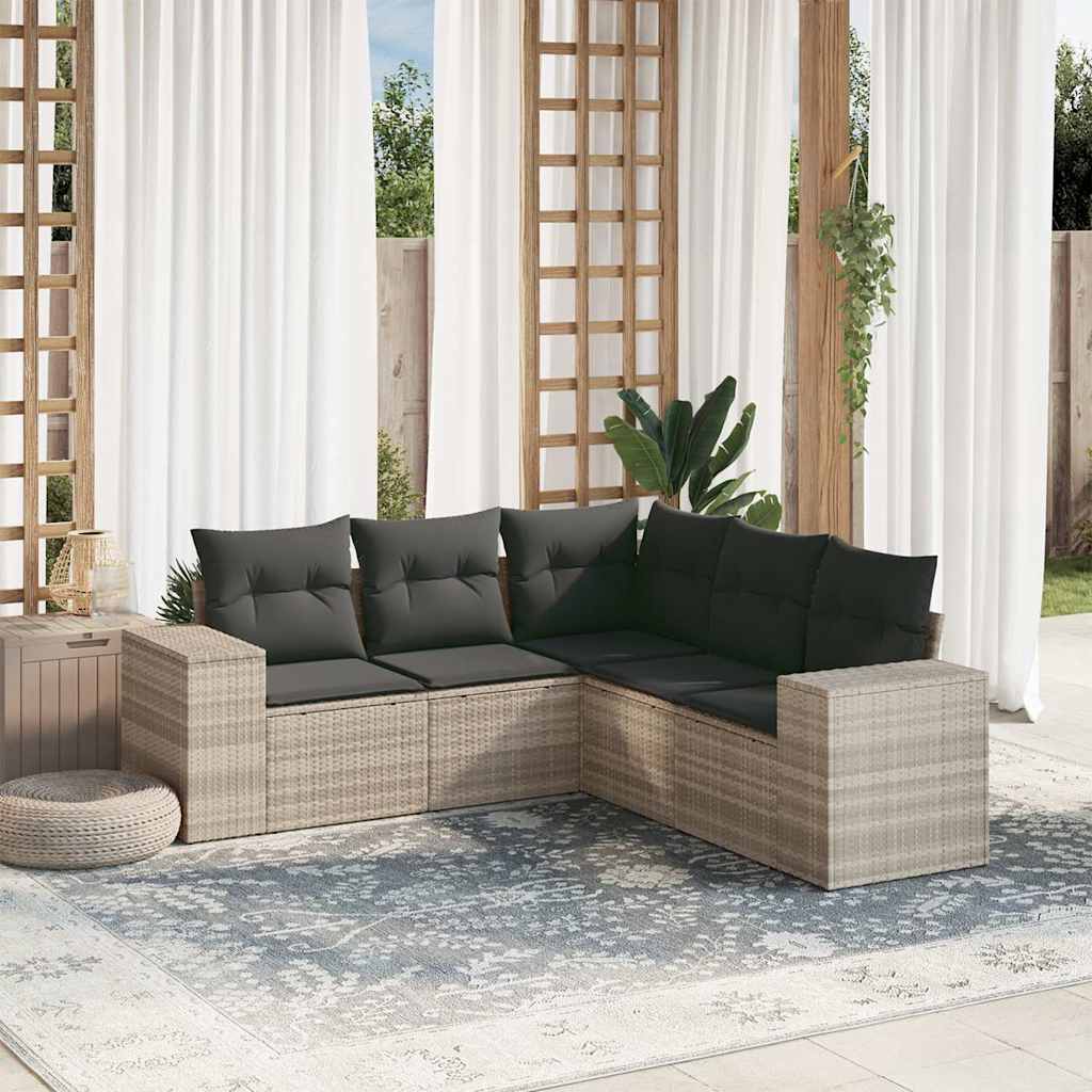Set Divano da Giardino 5pz con Cuscini Grigio Chiaro Polyrattan