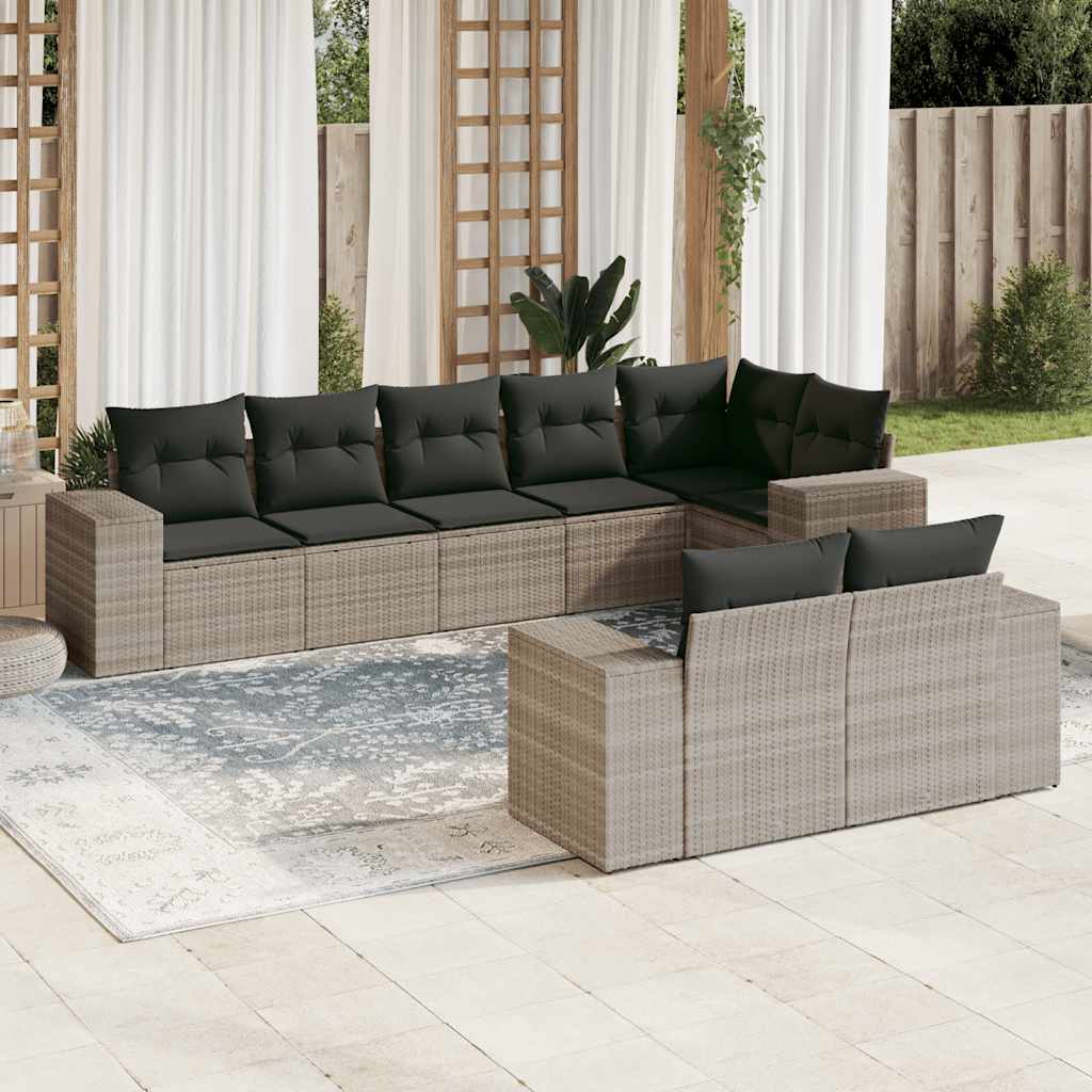 Set Divano da Giardino 8pz con Cuscini Grigio Chiaro Polyrattan