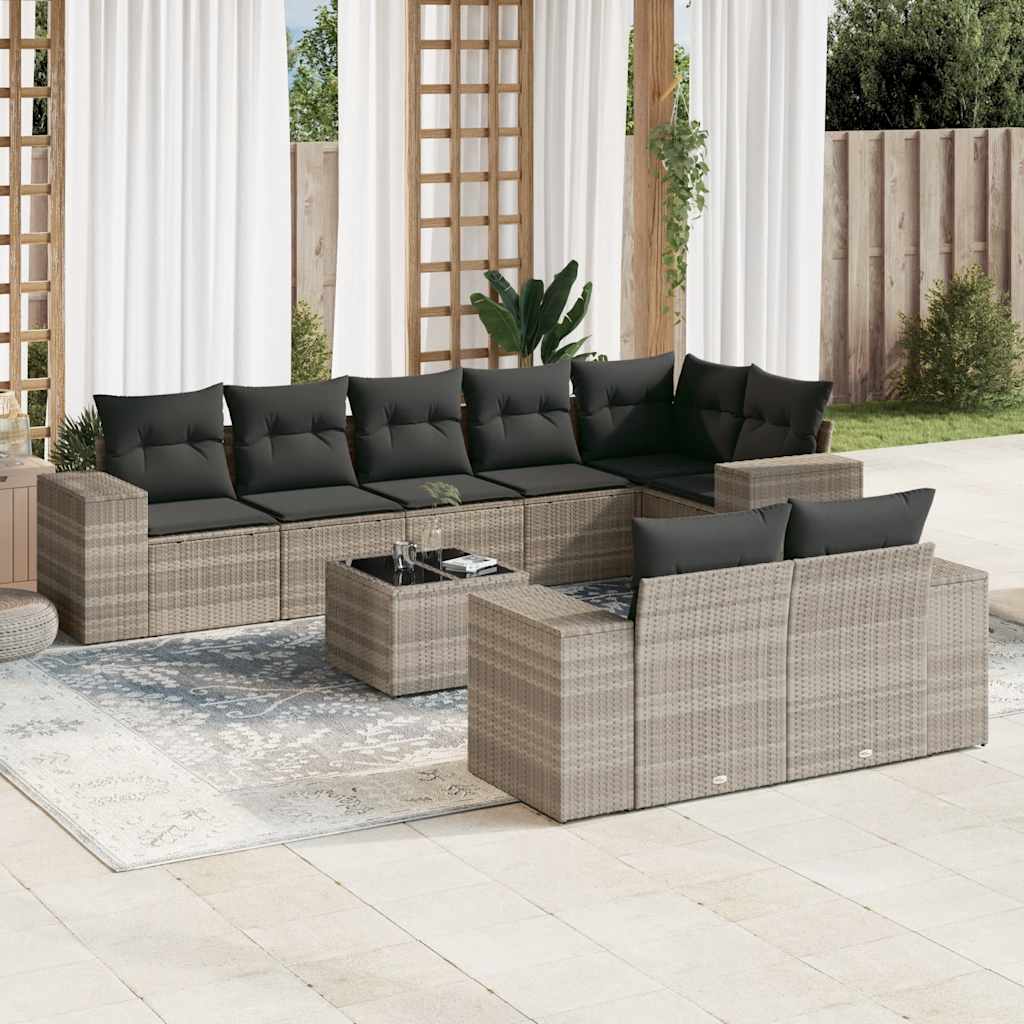 Set Divano da Giardino 9pz con Cuscini Grigio Chiaro Polyrattan