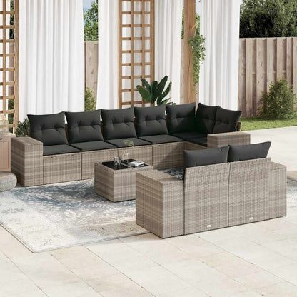Set Divano da Giardino 9pz con Cuscini Grigio Chiaro Polyrattan