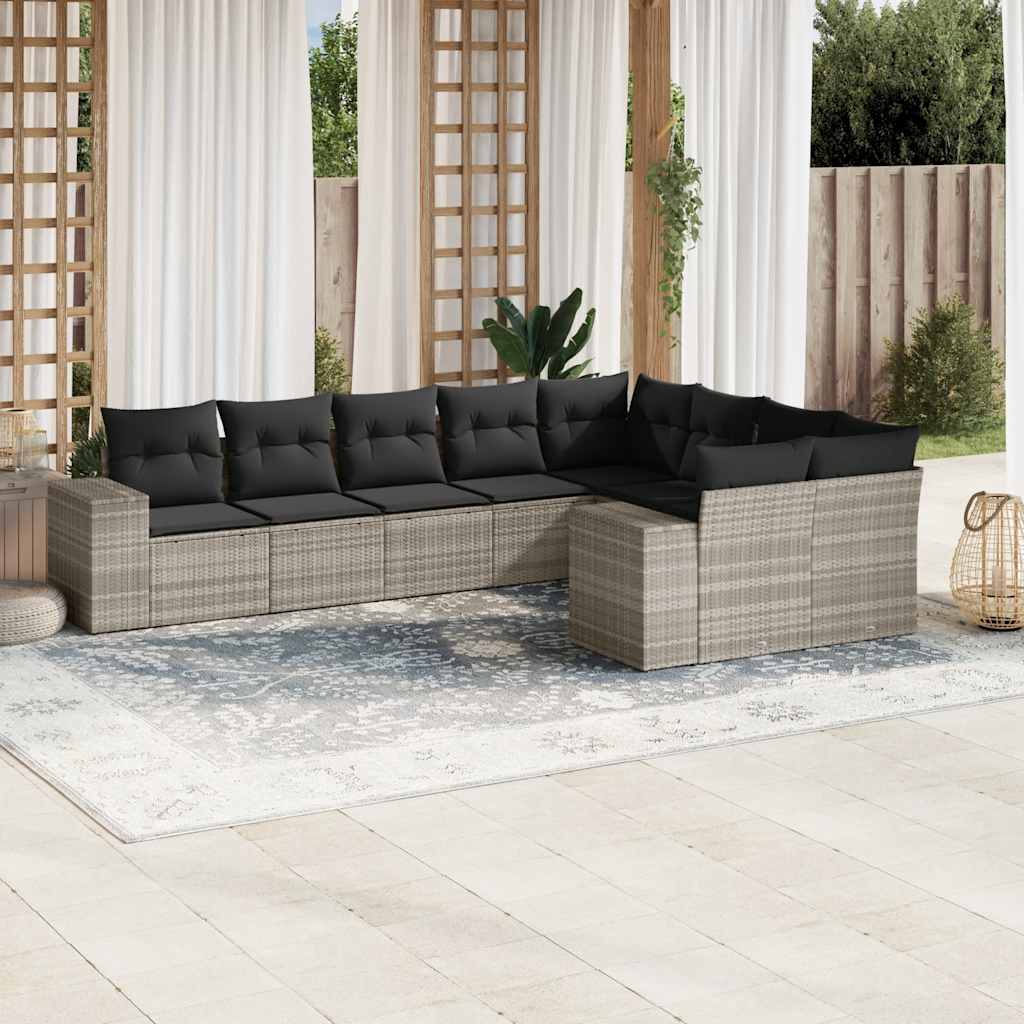 Set Divano da Giardino 9pz con Cuscini Grigio Chiaro Polyrattan