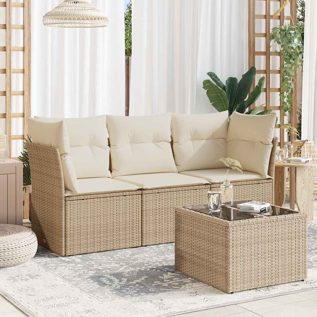 Set Divano da Giardino 4 pz con Cuscini Beige in Polyrattan