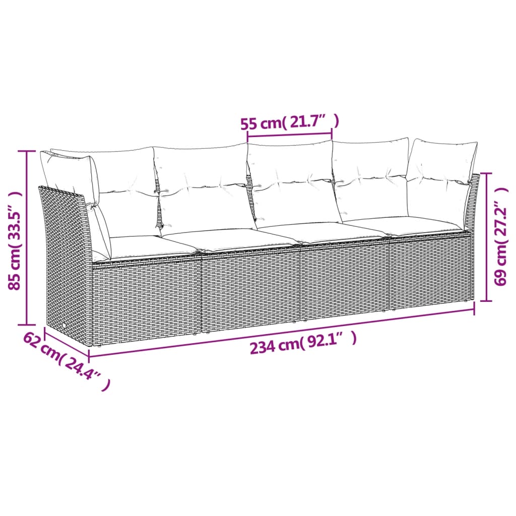Set Divano da Giardino 4 pz con Cuscini Marrone in Polyrattan