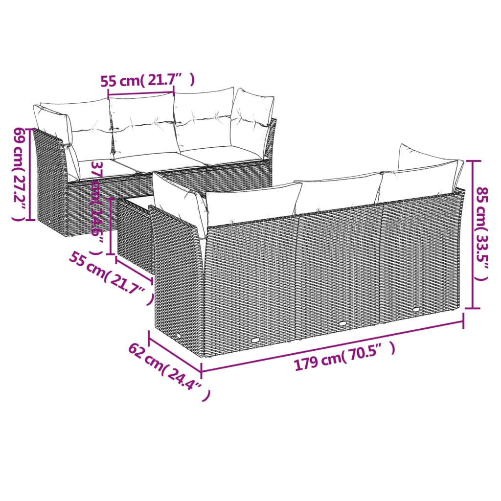 Set Divani da Giardino 7 pz con Cuscini Nero in Polyrattan