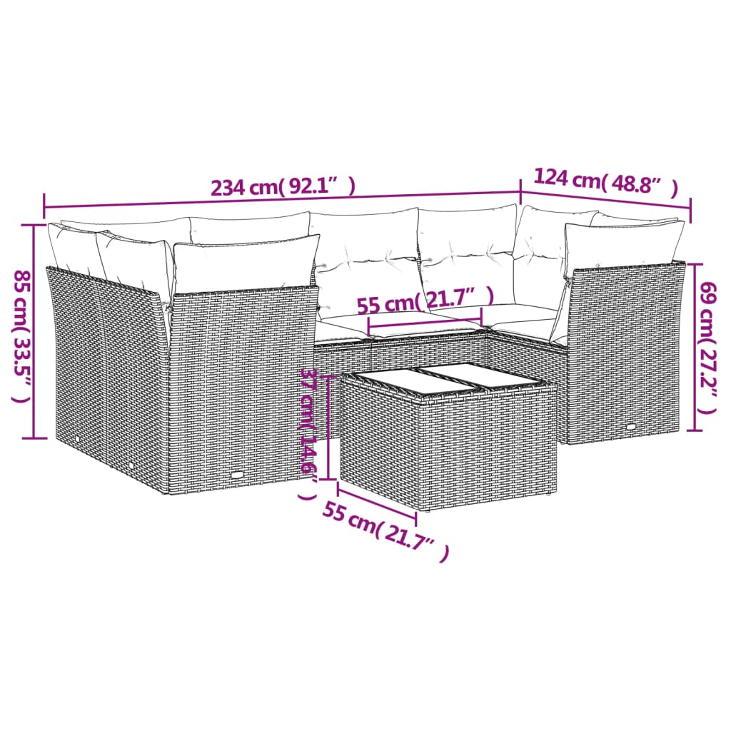 Set Divani da Giardino 7 pz con Cuscini Nero in Polyrattan