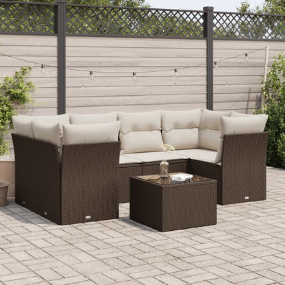Set Divani da Giardino 7 pz con Cuscini Marrone in Polyrattan