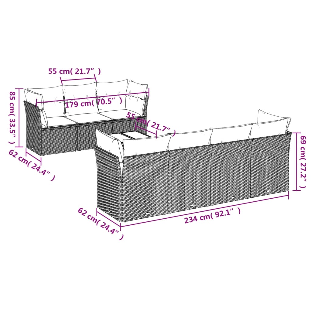 Set Divani da Giardino 8 pz con Cuscini Nero in Polyrattan