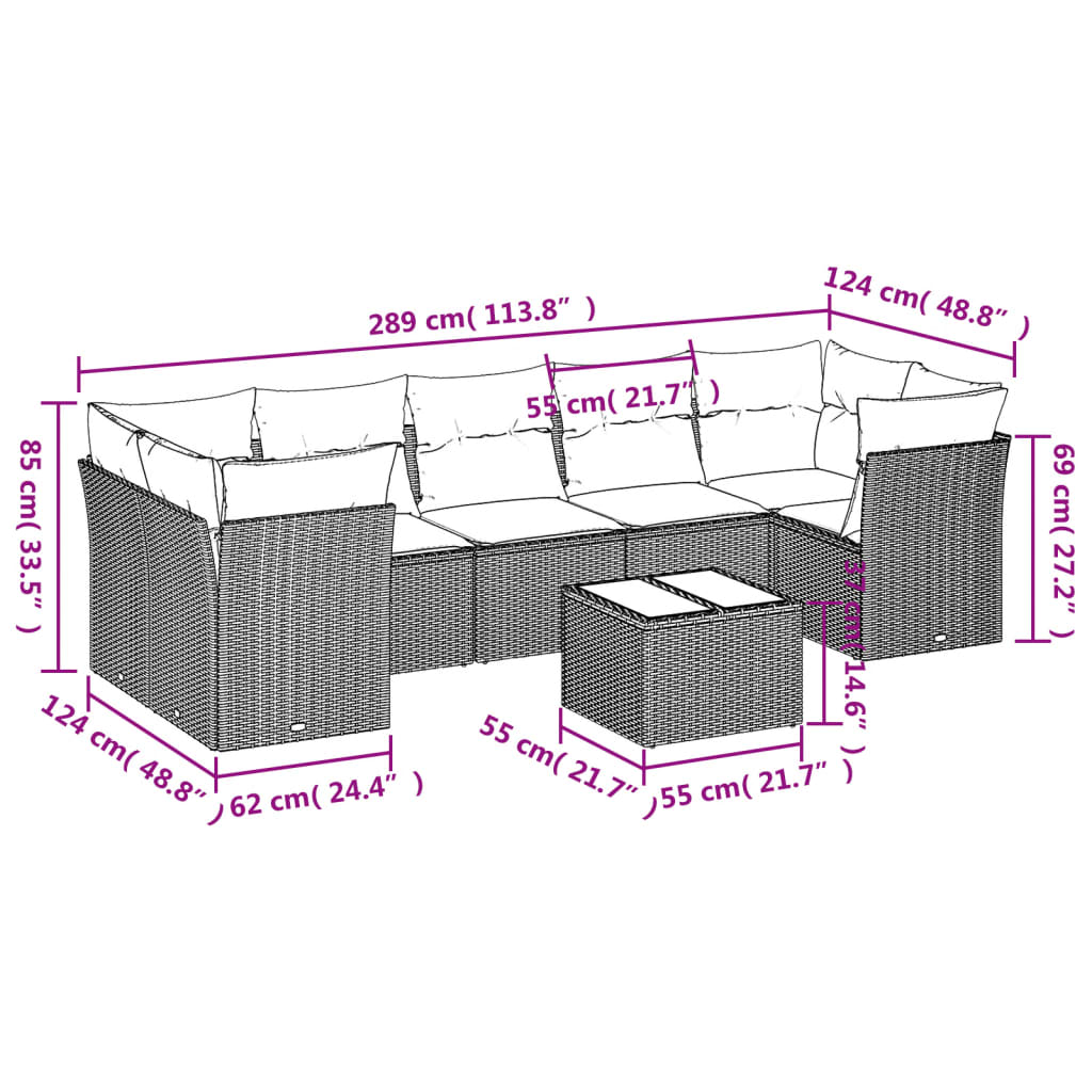 Set Divani da Giardino 8 pz con Cuscini Nero in Polyrattan