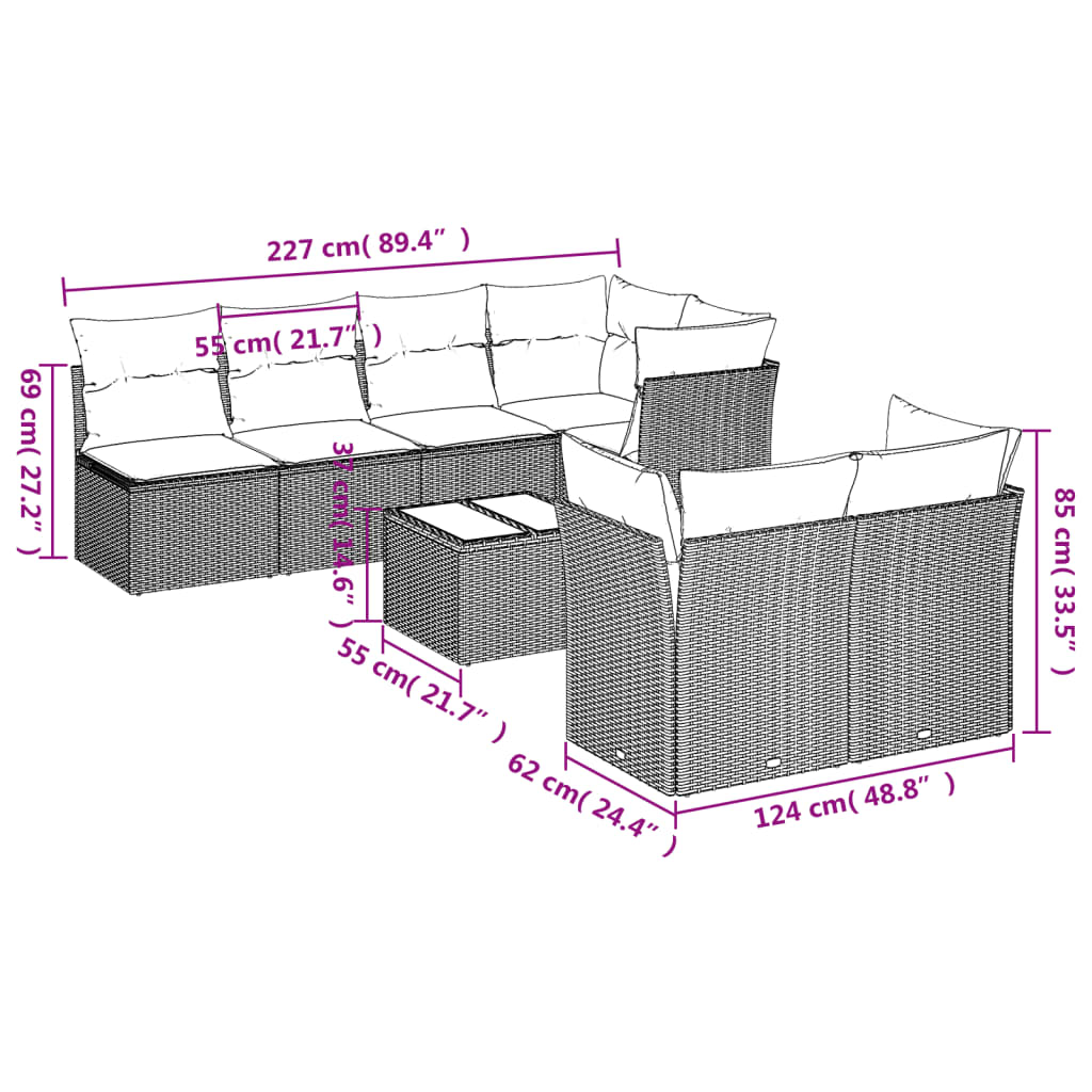 Set Divani da Giardino 8 pz con Cuscini Nero in Polyrattan