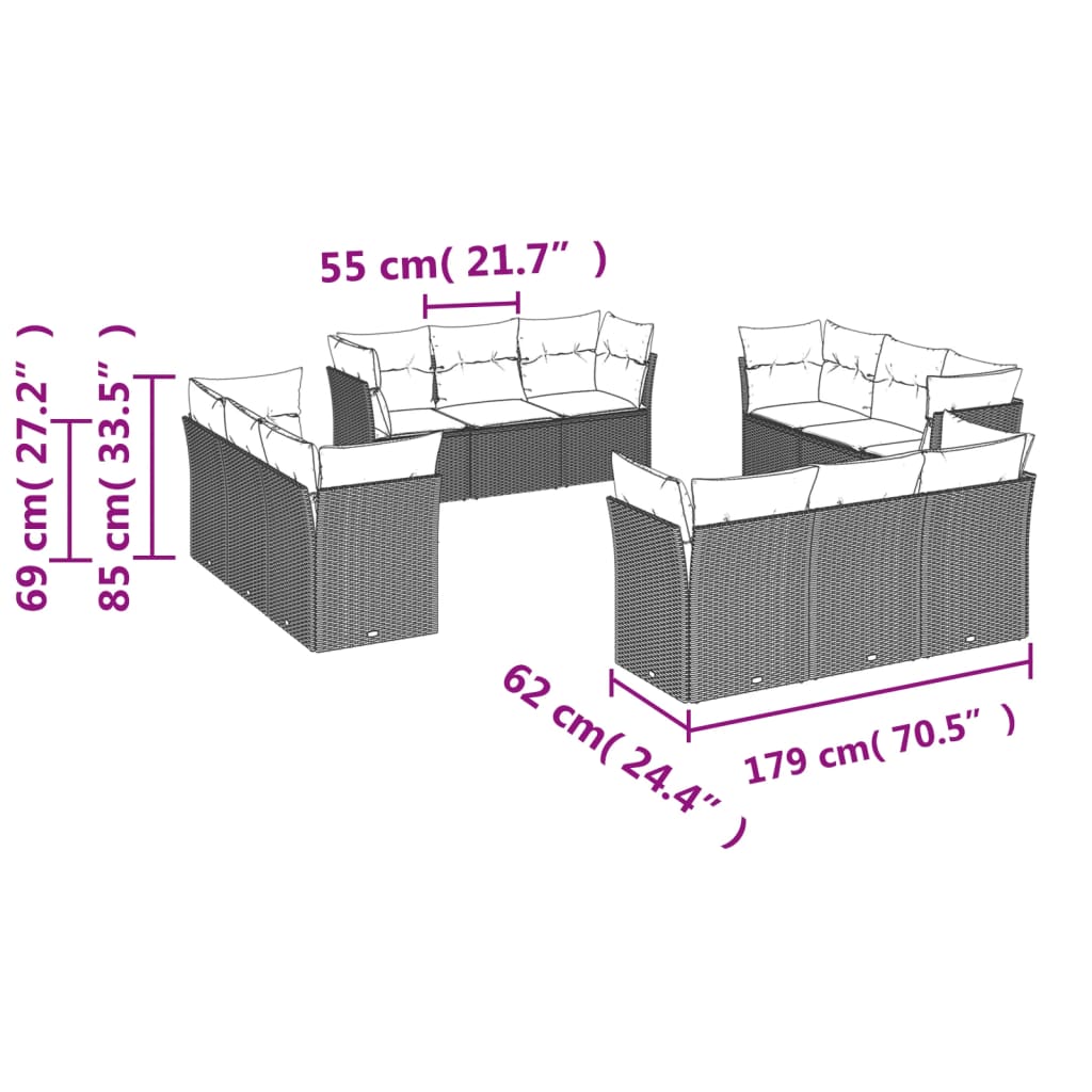 Set Divano Giardino 12 pz con Cuscini Grigio Chiaro Polyrattan