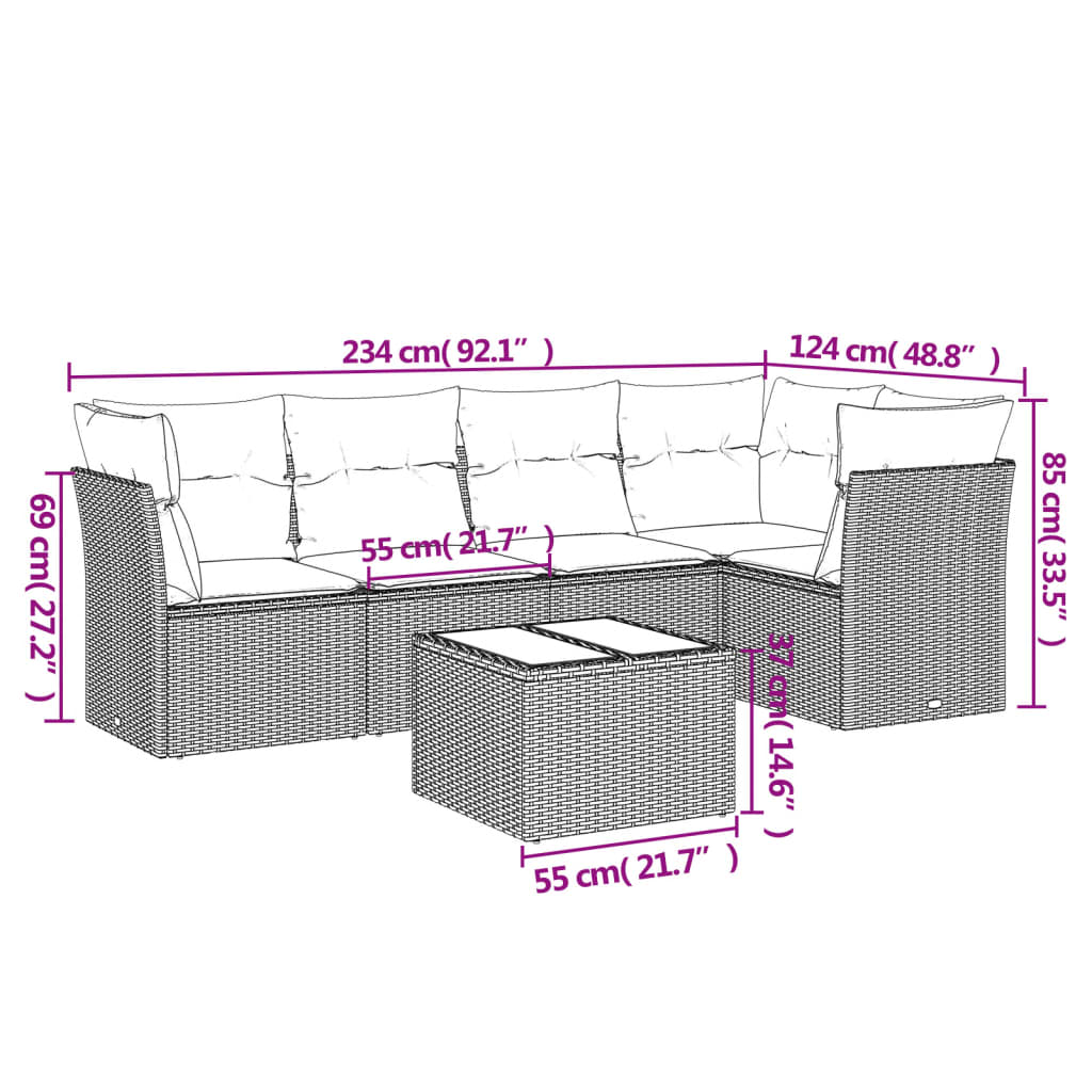 Set Divani da Giardino 6 pz con Cuscini Nero in Polyrattan