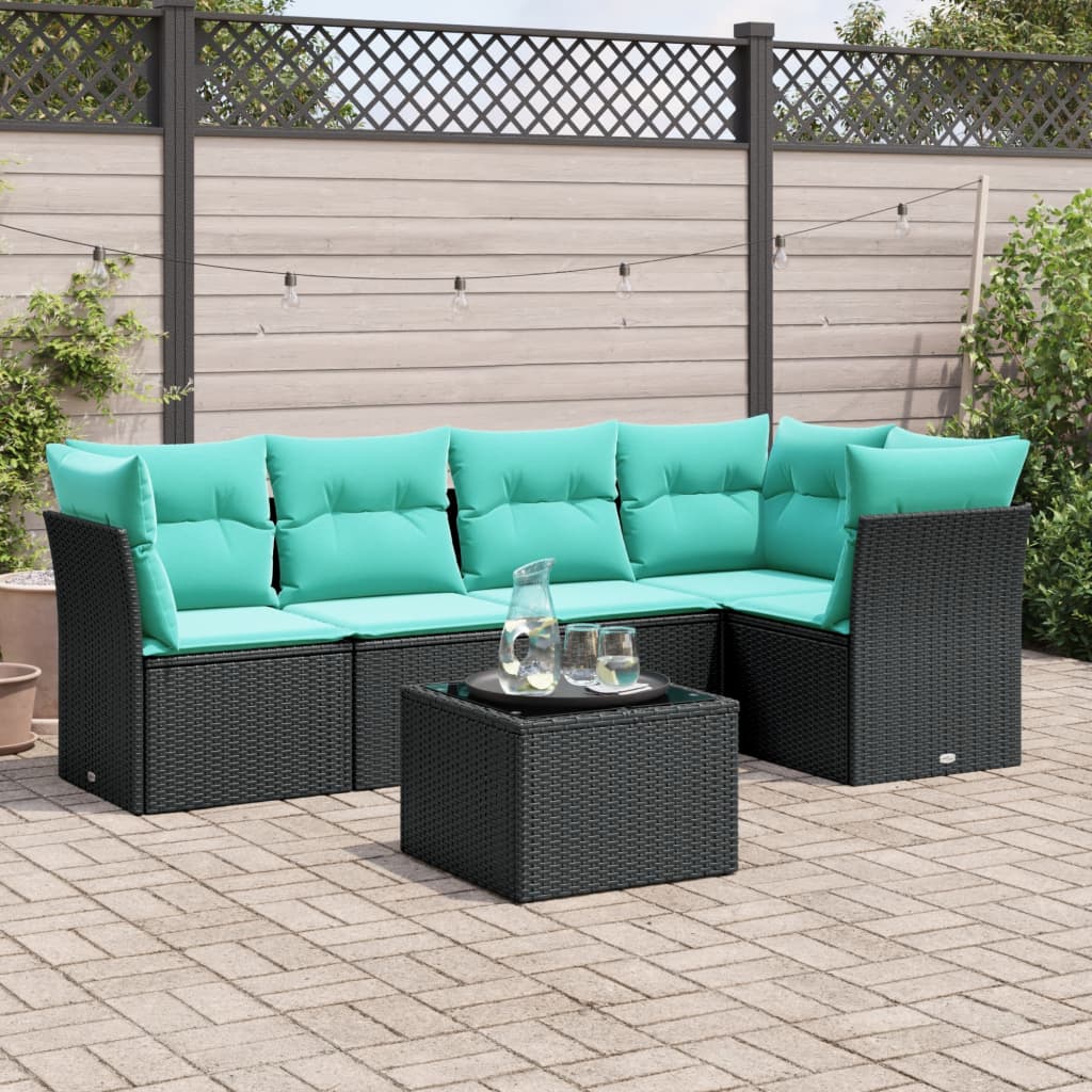 Set Divani da Giardino 6 pz con Cuscini Nero in Polyrattan