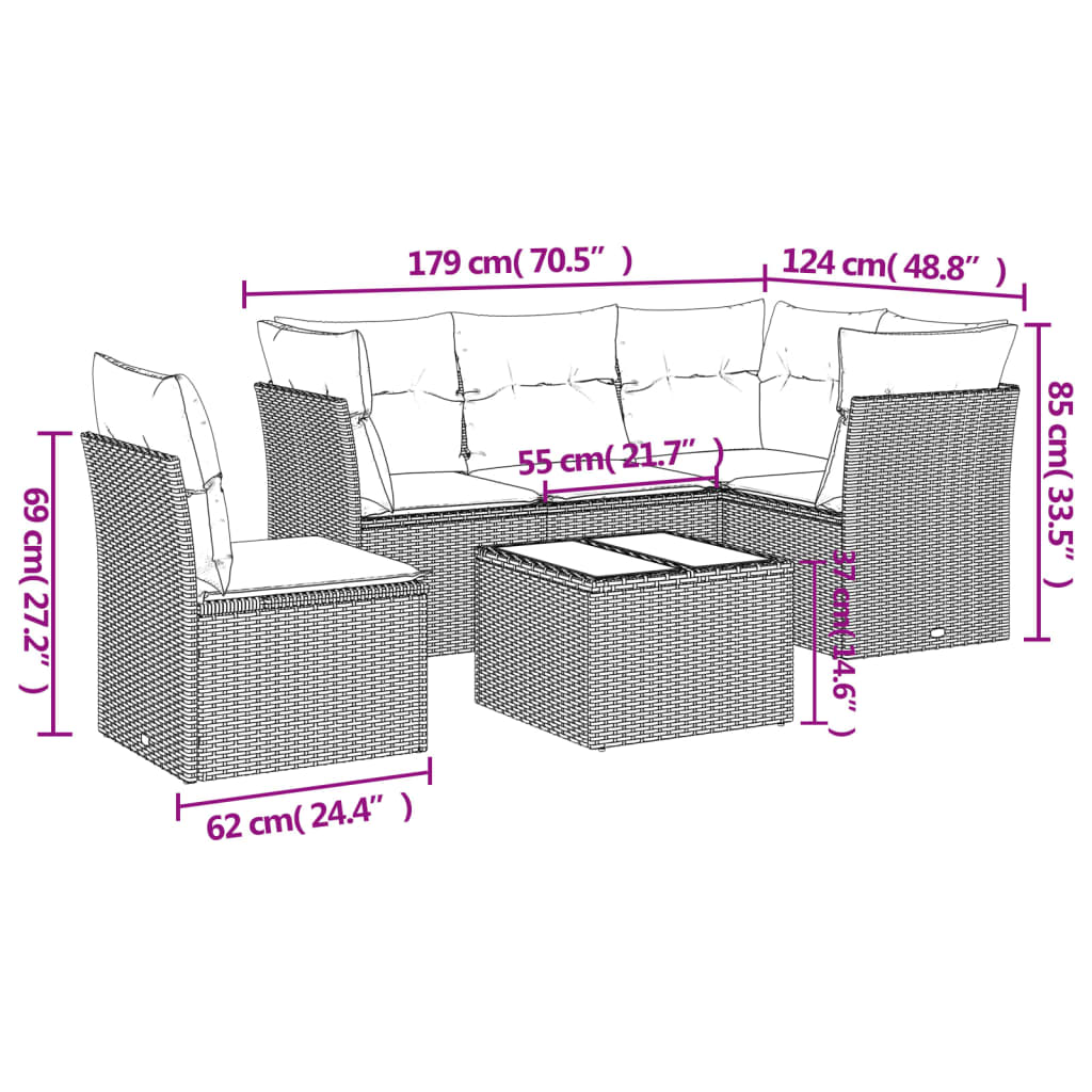 Set Divani da Giardino 6 pz con Cuscini Nero in Polyrattan