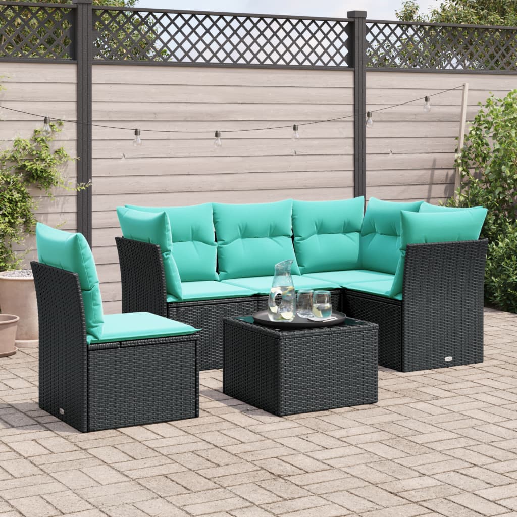 Set Divani da Giardino 6 pz con Cuscini Nero in Polyrattan