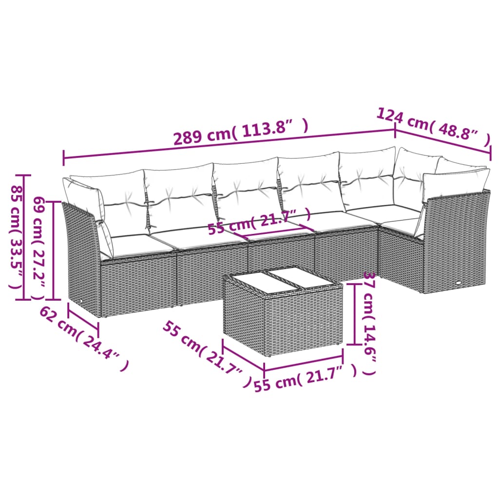 Set Divani da Giardino 7 pz con Cuscini Nero in Polyrattan