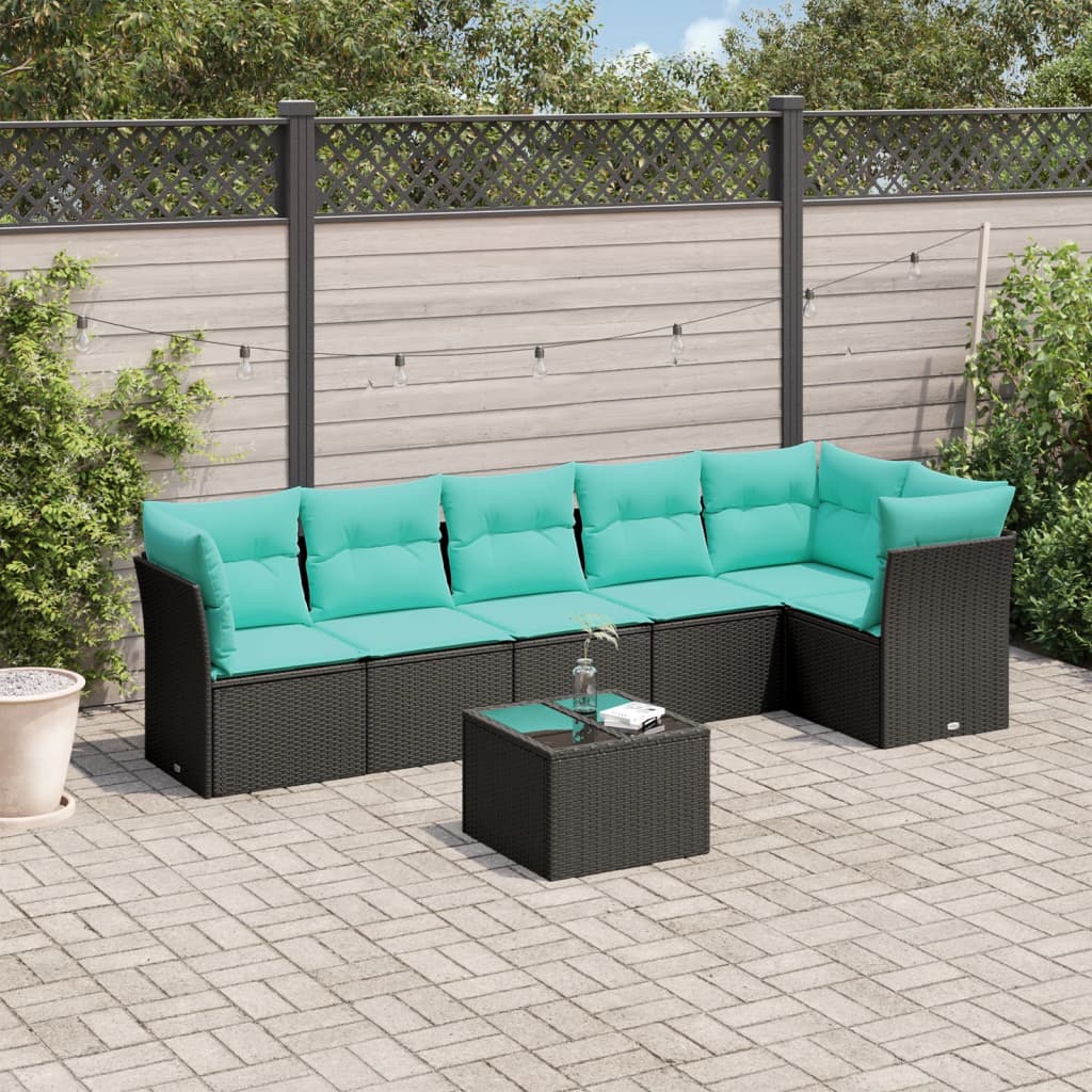 Set Divani da Giardino 7 pz con Cuscini Nero in Polyrattan