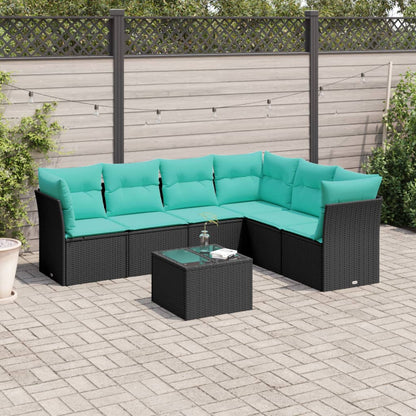 Set Divani da Giardino 7 pz con Cuscini Nero in Polyrattan