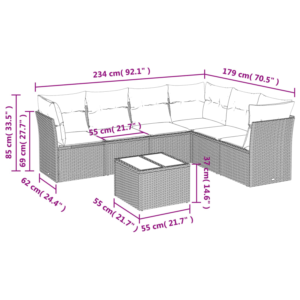 Set Divani da Giardino 7 pz con Cuscini Nero in Polyrattan
