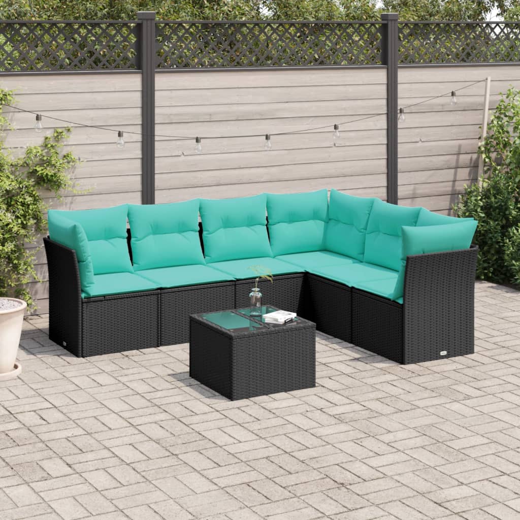Set Divani da Giardino 7 pz con Cuscini Nero in Polyrattan