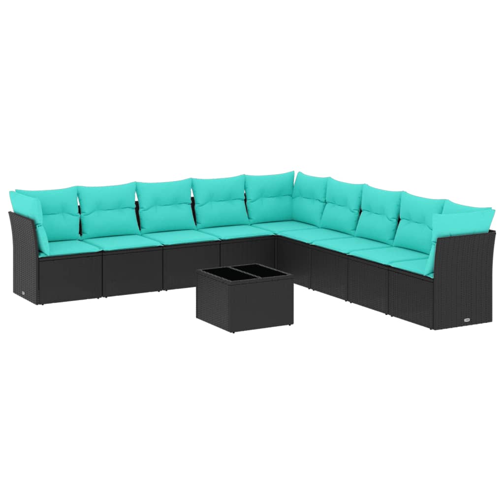 Set Divani da Giardino 10 pz con Cuscini Nero in Polyrattan