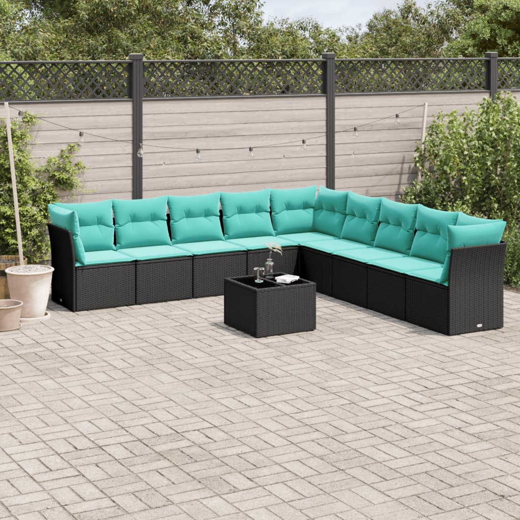 Set Divani da Giardino 10 pz con Cuscini Nero in Polyrattan