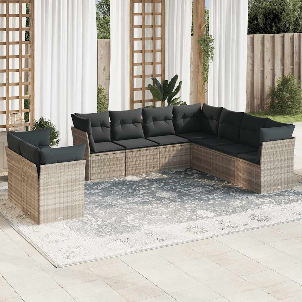 Set Divano da Giardino 9pz con Cuscini Grigio Chiaro Polyrattan