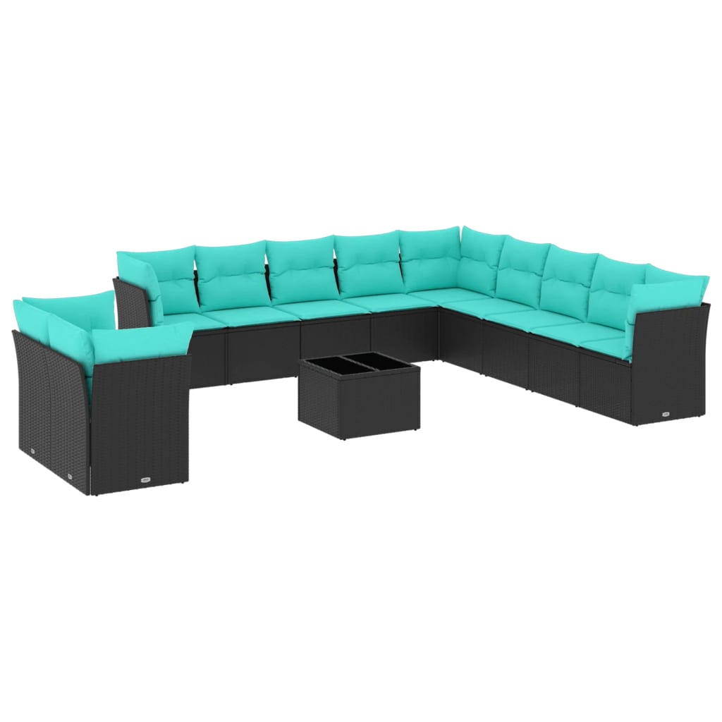 Set Divani da Giardino 12pz con Cuscini Nero in Polyrattan
