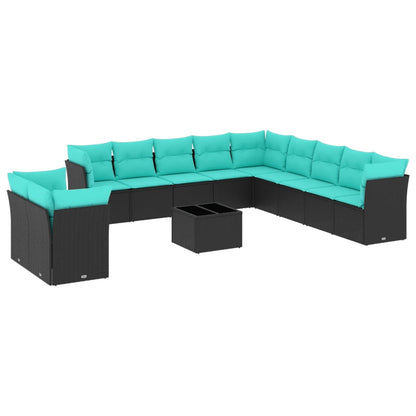 Set Divani da Giardino 12pz con Cuscini Nero in Polyrattan