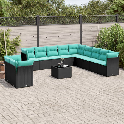 Set Divani da Giardino 12pz con Cuscini Nero in Polyrattan
