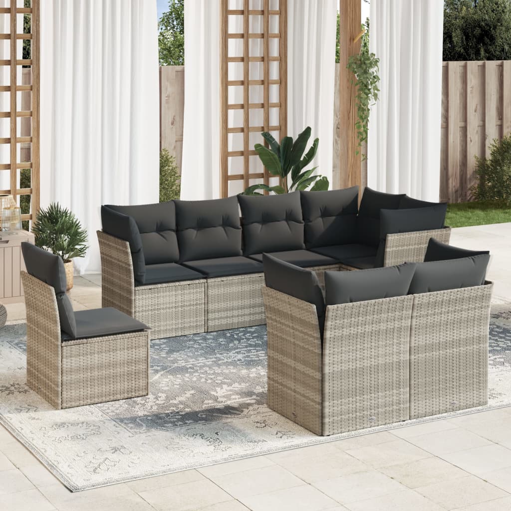 Set Divano da Giardino 8pz con Cuscini Grigio Chiaro Polyrattan
