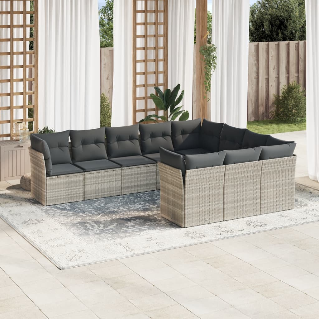 Set Divano Giardino 10 pz con Cuscini Grigio Chiaro Polyrattan