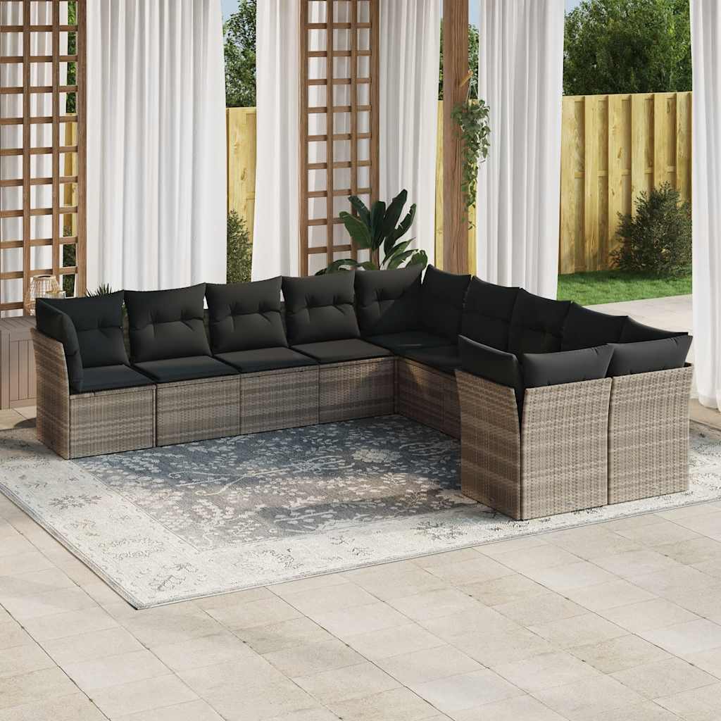 Set Divano Giardino 10 pz con Cuscini Grigio Chiaro Polyrattan