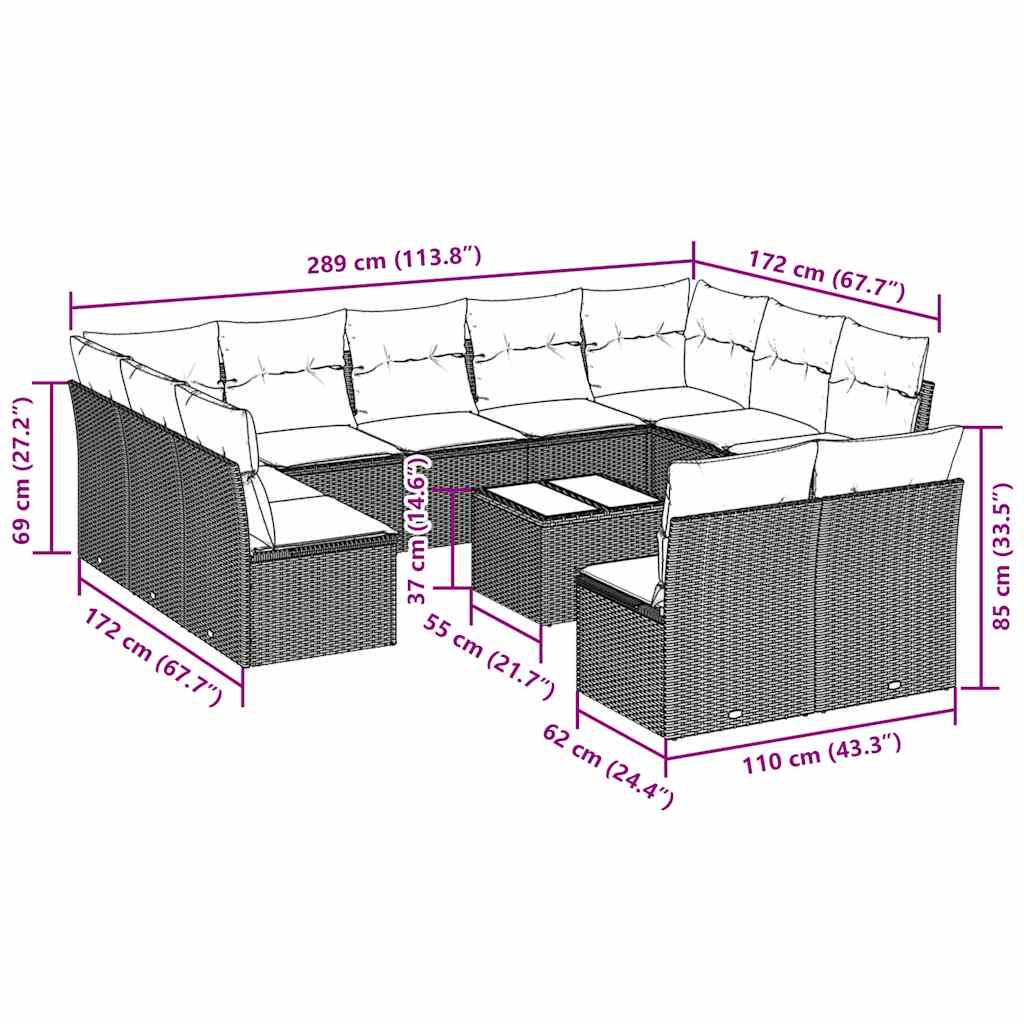 Set Divano Giardino 12 pz con Cuscini Grigio Chiaro Polyrattan
