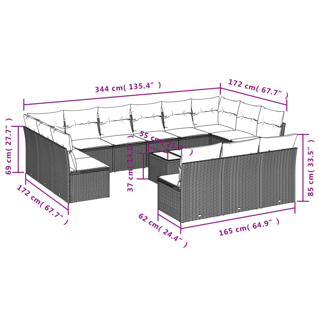 Set Divani da Giardino 14pz con Cuscini in Polyrattan Grigio