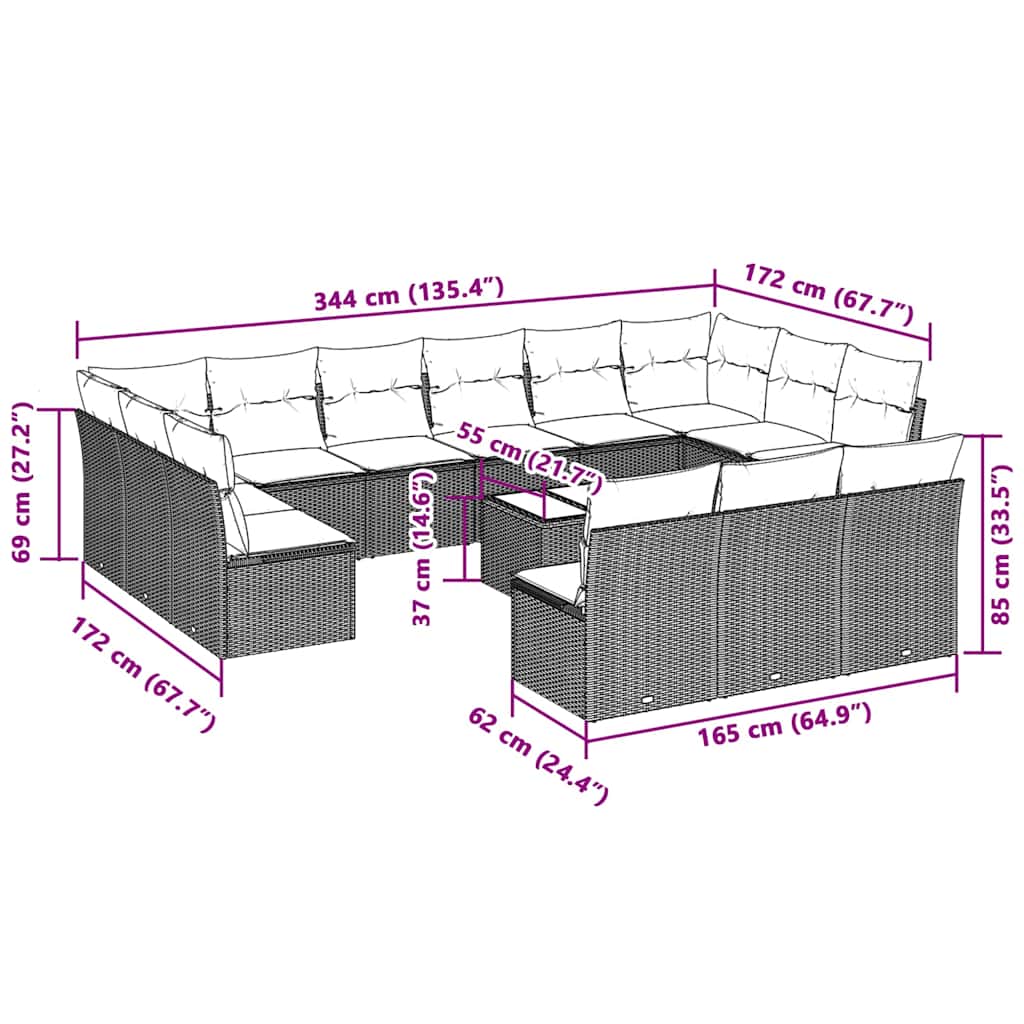 Set Divani da Giardino 14pz con Cuscini in Polyrattan