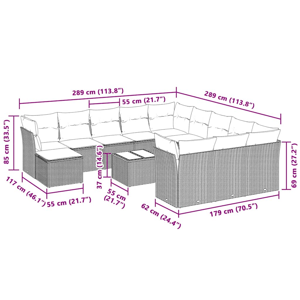 Set Divani Giardino 13 pz con Cuscini Grigio Chiaro Polyrattan