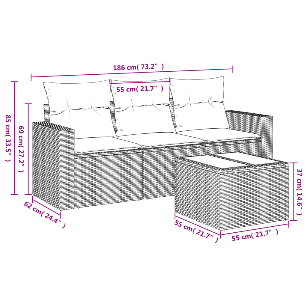 Set Divano da Giardino 4pz con Cuscini Grigio Chiaro Polyrattan