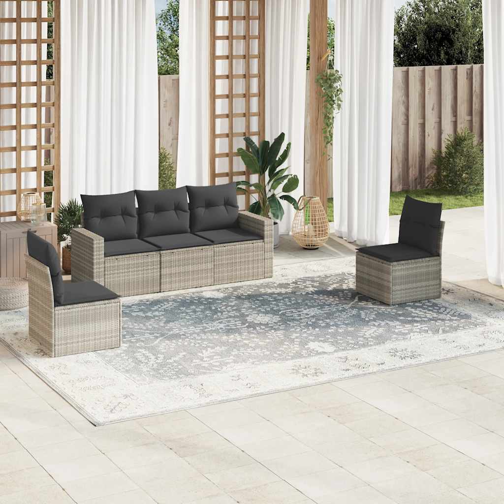 Set Divano da Giardino 5pz con Cuscini Grigio Chiaro Polyrattan