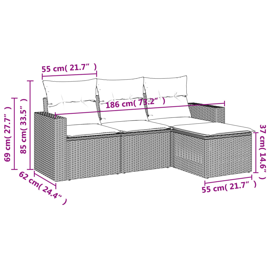Set Divano da Giardino 4pz con Cuscini Grigio Chiaro Polyrattan