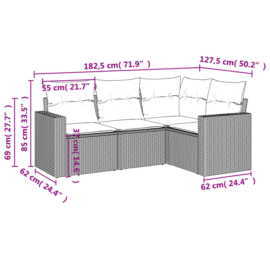 Set Divano da Giardino 4 pz con Cuscini Marrone in Polyrattan