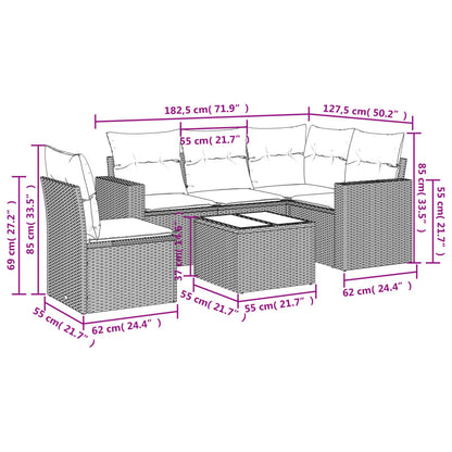 Set Divani da Giardino 6 pz con Cuscini Marrone in Polyrattan